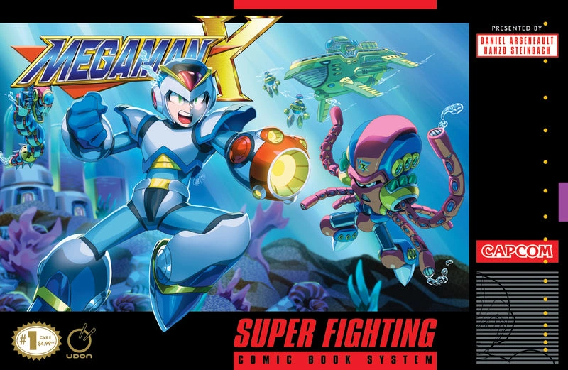 Mega Man X comic cover with an underwater theme, showing Mega Man X in a blue suit charging forward with his arm cannon, fighting a mechanical octopus-like enemy. Several aquatic enemies and submarines appear in the background, evoking classic 90s game box art.