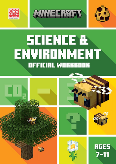 The cover features a bright green Minecraft-themed design with a structured grid of colorful square panels. At the top are the Mojang Studios logo, the iconic “MINECRAFT” title in its blocky pixel font, and a pixelated cookie icon. Centered prominently is bold white text with a long shadow reading “SCIENCE & ENVIRONMENT OFFICIAL WORKBOOK.” The surrounding grid includes educational symbols such as “CO₂,” a minus sign, a question mark, and a stylized flower, reinforcing the science theme. Dominating the lower half are Minecraft bees flying around a leafy tree, with one large bee in the foreground and smaller bees nearby, all rendered in the game’s signature blocky style. In the bottom right, the age range “AGES 7–11” is displayed. The overall design is colorful, structured, and educational, blending environmental themes with recognizable Minecraft elements.
