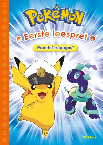 Book cover for a Dutch Pokémon early reader titled “Eerste leespret,” with the subtitle “Waar is Terapagos?” It shows Pikachu wearing a white captain’s hat and running alongside Terapagos against a bright blue-and-white burst background, with an orange patterned border on the left and the publisher name “Deltas” at the bottom right.