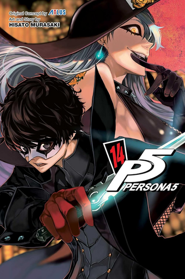 Manga-style cover for “Persona 5,” volume 14, featuring two masked characters in dramatic close-up. In the lower left foreground, a black-haired young man in a black mask and dark thief-like outfit lunges forward, wearing a red glove and holding a glowing blue blade angled across the cover. Behind him, a pale, silver-haired woman in a wide-brimmed black hat smiles sharply while holding a black-gloved finger near her mouth; she wears a dark, revealing outfit with spiked accents, a turquoise earring, and rose details on her hat and shoulder. The large “P5 Persona 5” logo appears across the right-center in bold white, black, and red lettering, with the red number 14 beside it. At the upper left, text reads “Original Concept by ATLUS” and “Art and Story by Hisato Murasaki.” The background is blurred with warm gold and orange lights, contrasted by the characters’ black costumes and the cool blue glow from the weapon.