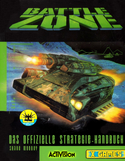 Cover of the German strategy guide for Battlezone, titled Das Offizielle Strategie-Handbuch. It features a futuristic tank shooting in a sci-fi environment with mountainous terrain and neon green HUD elements in the background. The title BATTLEZONE is displayed in bold, green block letters at the top. At the bottom, the names Shane Mooney, Activision, Webweiser Inside, and X Games logos are visible.