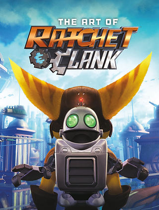 Book cover for The Art of Ratchet & Clank: Clank stands front and center with glowing green eyes and a small red light on his head, arms slightly raised. Behind him, Ratchet’s large yellow ears frame the scene, though most of his face is hidden. The background shows a bright, futuristic city with sleek buildings and flying vehicles under a blue sky. The title appears at the top in bold, metallic lettering.