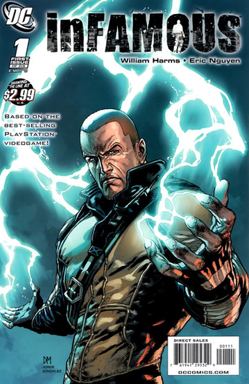 The image displays the first issue of a six-part comic series titled "inFAMOUS," produced by DC Comics. The cover art showcases a character enveloped in what seems to be electrical energy, hinting at a story with superhuman elements and intense action. The text on the cover reveals that the comic is based on a best-selling PlayStation video game, suggesting that the narrative may explore themes similar to those found in the game, such as power, morality, and the consequences of one's actions in a world where extraordinary abilities exist.  The names William Harms and Eric Nguyen are featured prominently, indicating their roles as writer and artist, respectively, in crafting the visual and narrative content of this comic. The pricing information and the Direct Sales barcode signify that this issue is intended for retail sale, making it accessible to a wide audience of comic book enthusiasts and fans of the inFAMOUS video game.  The comic is likely to delve into the rich universe established by the video game, expanding on the lore and offering readers a deeper understanding of the characters and setting. The cover art's dynamic composition and the charged atmosphere it conveys are designed to captivate potential readers, promising a story that is as electrifying visually as it is in its plot.