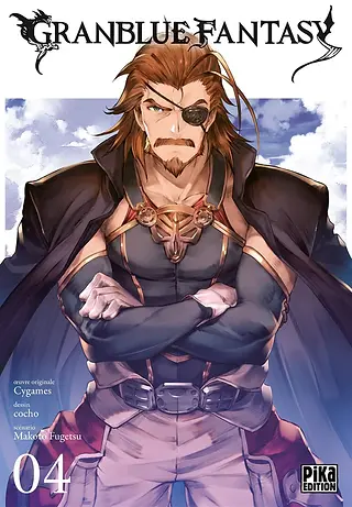 The image is the French cover of the fourth volume of the manga series titled "Granblue Fantasy." It features Eugen, a male character with a rugged appearance, sporting a beard and long hair, wearing armor and a cape. He has a stern expression and is wearing an eyepatch, which may suggest that he is a seasoned warrior with a storied past.  The title "Granblue Fantasy" is prominently displayed at the top, with the volume number "04" indicating that this is the fourth installment of the series. Like the previous volumes, the cover art is detailed and vivid, offering a glimpse into the character's persona and the fantasy setting of the series.  The cover also states the original story is by Cygames, the company known for its video games, indicating that the manga may be based on or related to the "Granblue Fantasy" game. The art is credited to "cocho," and the "conte" or story composition is by "makoto fugetsu."  The artwork on the cover, with its focus on the character and the use of soft colors in the background, is designed to attract fans of the fantasy genre and those who may be familiar with the "Granblue Fantasy" game or other related media. The cover art emphasizes the adventure and epic storytelling that readers can expect from the manga series.