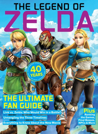 The cover features a bright sky-blue background with soft white clouds and large black and magenta lettering reading “THE LEGEND OF ZELDA.” Centered are three iconic characters: Link on the left in a green tunic and hood with blond hair and a determined expression; Ganondorf in the middle with red hair, dark armor, and a stern gaze; and Princess Zelda on the right wearing a blue and white outfit with long flowing blond hair. A circular badge near the center reads “40 YEARS Anniversary Special Issue.” At the bottom, bold yellow and white text announces “THE ULTIMATE FAN GUIDE,” with additional feature blurbs including “Link vs. Zelda: Who Would Win in a Battle?”, “Untangling the Three Timelines,” and “Everything to Know About the New Movie.” A blue sidebar on the right highlights extra content such as rankings of games, final bosses, NPCs, and more.