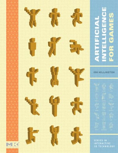 The english book cover for the first edition of Artificial Intelligence for Games by Ian Millington and John Funge. The hardcover book has a blue and orange theme, with the right third showcasing the book's title and the majority of the cover showing some pixelated figures doing a varity of of actions that they've been 'programmed' with.