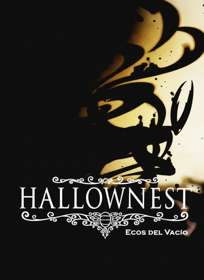 Cover of Hallownest: Ecos del Vacío, a Spanish fan book inspired by Hollow Knight. The artwork features a dramatic black-and-gold design with abstract ink-like shapes and splashes. Silhouetted against a glowing background, the figure of the Knight can be seen with its iconic horns. At the bottom, the title is displayed in an ornate white serif font with decorative flourishes. “Ecos del Vacío” (Echoes of the Void) is written beneath the title, reinforcing the mysterious and haunting tone. The visual style evokes the inky, atmospheric world of Hollow Knight.