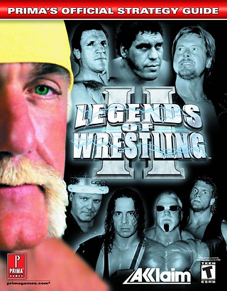 Prima’s official strategy guide cover for “Legends of Wrestling II” with a red top banner reading “PRIMA’S OFFICIAL STRATEGY GUIDE.” The design uses a dramatic black, gray, and icy blue wrestling collage. A large close-up of a blond mustached wrestler wearing a yellow bandana fills the left side, with one green eye prominently visible. Several other wrestler portraits appear in grayscale across the upper and lower right areas. The central metallic title reads “LEGENDS OF WRESTLING II,” with lightning-like streaks across the silver letters and a large Roman numeral II behind it. At the bottom left are the red Prima Games logo and “primagames.com,” while the bottom right shows the white Acclaim logo and a Teen ESRB rating box.