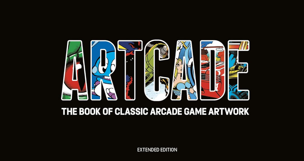 The image shows the cover of a book titled "ARTCADE - THE BOOK OF CLASSIC ARCADE GAME ARTWORK," and it is labeled as the "EXTENDED EDITION" at the bottom. The title "ARTCADE" is designed with each letter filled with different classic arcade game artwork, making the title itself a collage of colorful and varied images from the golden age of arcade games. The background is solid black, which helps the title stand out and draw attention to the details within each letter. The overall design of the cover is a tribute to the vibrant and iconic visuals that are synonymous with classic arcade gaming. The book is likely a compilation of artwork from various arcade games, serving as a visual history and celebration of arcade game art.