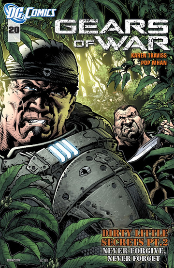 Cover of Gears of War #20, titled “Dirty Little Secrets Pt. 2: Never Forgive, Never Forget,” shows Marcus Fenix and another rugged soldier navigating a dense jungle, both tense and alert as they push through the foliage. Hidden behind the greenery, other troops lurk in the shadows, suggesting a stealth mission or ambush. The December 2011 issue is written by Karen Traviss with art by Pop Mhan, and is intended for mature readers.