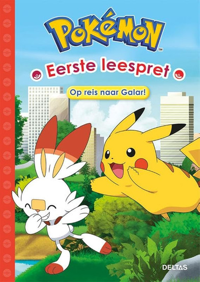 Book cover for a Dutch Pokémon early reader titled “Eerste leespret,” with the subtitle “Op reis naar Galar!” It shows Scorbunny and Pikachu happily running through a green park with city buildings in the background, under a blue sky. A red patterned border runs down the left side, and the publisher name “Deltas” appears at the bottom right.