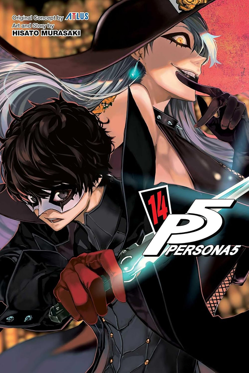 Cover of Persona 5, Volume 14 (English Edition). The same dynamic artwork is used as in the Japanese version, with Joker posed in the foreground, wielding a glowing dagger and wearing his trademark Phantom Thief outfit. Behind him is a sultry, villainous-looking woman in a black witch-like hat with golden roses, silver hair, and a revealing outfit. Her mischievous grin and glowing eyes convey intensity. The background glows with blurred city lights. The English title "Persona 5" and volume number "14" are prominently shown, along with credits to Atlus and Hisato Murasaki.