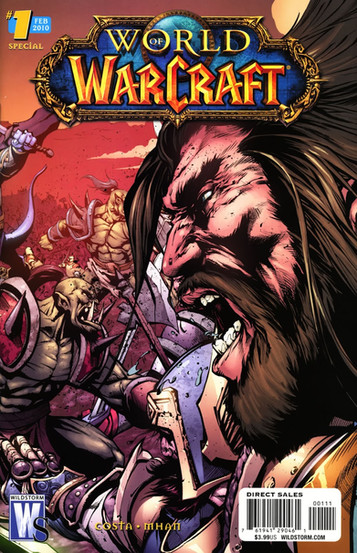 Cover of World of Warcraft Special #1 (Feb 2010) comic book. The image features a fierce battle scene between humans and orcs. In the foreground, a bearded human warrior is shouting in rage as he clashes with a snarling orc in red armor. Behind them, more fighters engage in combat, all set against a red-hued battlefield. The iconic World of Warcraft logo is prominently displayed at the top. The comic is published by WildStorm and priced at $3.99. Writers credited are Costa and Mhan.