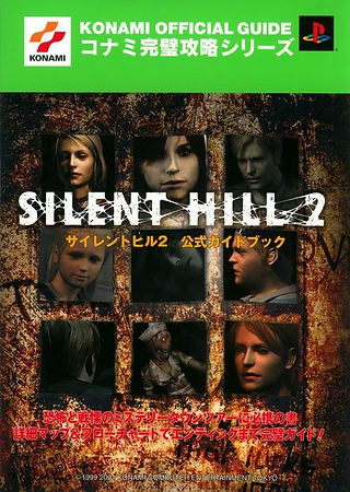 Cover of the Silent Hill 2 Konami Official Guide featuring nine character portraits from the game arranged in a grid over a gritty, rusted background. The title appears in bold white letters across the center, with Japanese text beneath and a bright green header displaying the Konami and PlayStation logos.