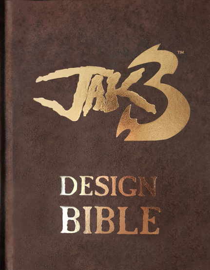 The cover of the Jak 3 Design Bible, a book related to the development of Jak 3, features a brown leather-like texture with embossed gold lettering. The game's logo, "Jak 3," is prominently displayed at the top in stylized gold font, with the words "DESIGN BIBLE" written below in a bold serif typeface. The overall aesthetic gives the book an official and archival feel, reminiscent of a treasured game development document.