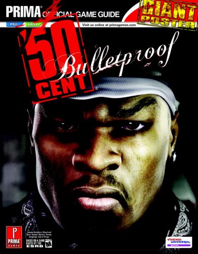 Cover of 50 Cent: Bulletproof – Prima Official Game Guide. The design features a close-up of rapper 50 Cent’s intense, serious expression, wearing a durag and bandana. The game's title is split between a red and black logo reading "50 Cent" and white script text that says "Bulletproof." Labels at the top highlight compatibility with PS2 and Xbox, and a “GIANT POSTER” bonus inside. Logos for Prima Games and Vivendi Universal are displayed in the bottom corners, along with the ESRB “Mature” rating.