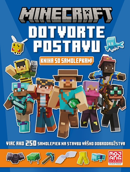 The cover features a vibrant blue background with the bold “MINECRAFT” logo in large blocky gray letters across the top, set against an orange header strip. Centered below is a lively lineup of diverse Minecraft-style characters in colorful outfits, including adventurers, builders, and stylized avatars, all posed dynamically as if running forward. The central character wears a brown hat and holds a green emerald, while others carry tools or wear distinctive costumes like armor or explorer gear. Surrounding them are sticker-style illustrations of mobs and items such as a bee, an allay, tools, and accessories, reinforcing the sticker book theme. A black badge near the top right reads “OVER 250 STICKERS!” in bold white and orange text. At the bottom, the title “CHARACTER CREATOR” appears in large white block letters, with “STICKER BOOK” in a bright orange banner beneath it. The Mojang Studios logo is placed in the lower right corner, indicating it is an official product.