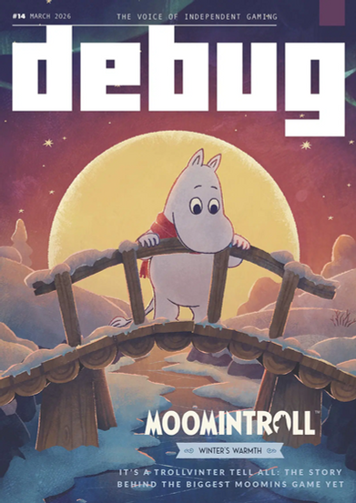 A stylized magazine cover for Debug issue #14, dated March 2026, with the tagline “The Voice of Independent Gaming” across the top and the large white masthead “debug” spanning most of the upper section. The illustration shows Moomintroll, a small white rounded character with pointed ears and a red scarf, standing on a curved snow-covered wooden bridge over a frozen or partially icy stream. Behind him, a huge warm yellow moon glows against a dusky sky that shifts from deep blue to pink and orange, with scattered stars and snowy clouds. The lower portion includes the bold title “MOOMINTROLL,” a ribbon label reading “WINTER’S WARMTH,” and smaller text describing the story behind the biggest Moomins game yet.