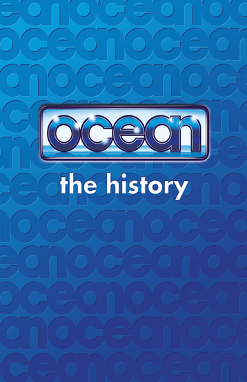 The image displays the cover of a book titled "Ocean: The History." The cover is designed with a repeating pattern that features the word "ocean" in a circular design, creating a wallpaper-like background. The central focus of the cover is the logo of Ocean, rendered in a metallic blue with a reflective effect, giving it a three-dimensional appearance. The words "the history" are written in lowercase letters, indicating that the book is a historical account or exploration of the company or entity known as Ocean. The blue color scheme and the circular motif suggest a connection to the theme of water or the ocean, which might be related to the company's branding or the content of the book.