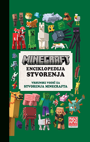 Cover of Minecraft: Mobspotter’s Encyclopedia featuring a green background and a wide variety of Minecraft mobs, including a creeper, enderman, llama, piglin, bee, fox, squid, and more. Text reads “The ultimate guide to the mobs of Minecraft” with the Mojang Studios logo in the corner.