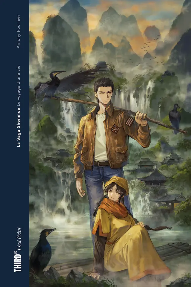 Illustrated cover for La Saga Shenmue: Le voyage d’une vie showing two main characters in a serene, misty mountain landscape with waterfalls and traditional East Asian architecture. The man in a brown leather jacket stands confidently with a staff resting on his shoulder, while a woman in yellow sits gracefully by his side on a wooden raft. Black birds perch nearby, adding to the tranquil yet adventurous mood.