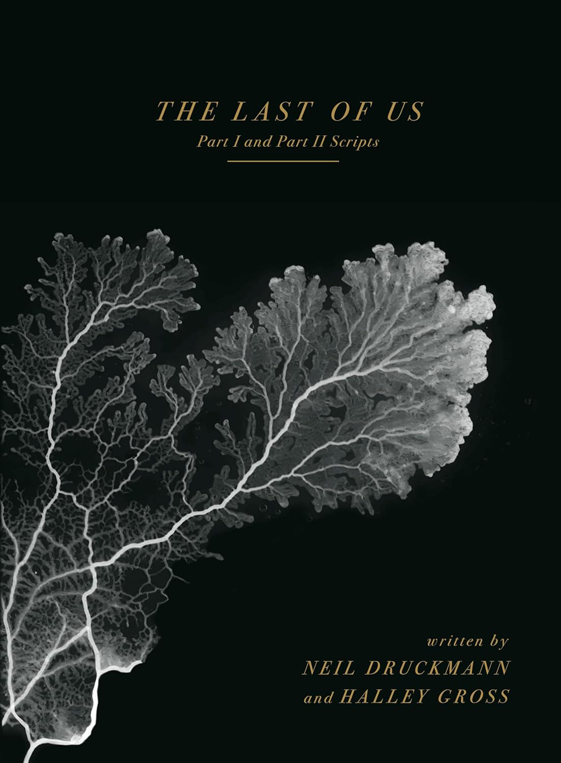 Minimalist black cover for The Last of Us: Part I and Part II Scripts by Neil Druckmann and Halley Gross, featuring a high-contrast white branching fungal or coral-like structure that evokes the Cordyceps infection from the game series. The title is centered in elegant gold serif text.