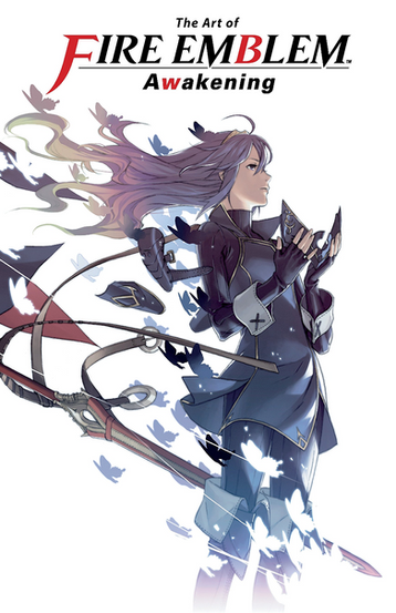 The image is the cover art for "The Art of FIRE EMBLEM Awakening," which is likely a book showcasing the artwork from the video game "Fire Emblem: Awakening." The cover features a central character, who appears to be Lucina, a main character from the game known for her blue hair and distinctive mask, which is seen floating near her. Lucina is depicted in a dynamic pose with her long hair flowing, and she is dressed in a dark blue outfit with armor, holding a sword hilt with a tome in her other hand. The presence of the sword and tome suggests her role as a fighter who may also use magic, which is common in the "Fire Emblem" series where characters often have multiple skills. The background is white and adorned with shadowy silhouettes of birds, which adds a sense of elegance and movement to the scene. The "Fire Emblem" logo is prominently displayed at the top, with the title "Awakening" underneath, identifying the specific game within the franchise. This cover art captures the essence of "Fire Emblem: Awakening," with its focus on strategy, character development, and a rich narrative. The artwork is likely to appeal to fans of the game, offering a glimpse into the creative process behind its visual design.