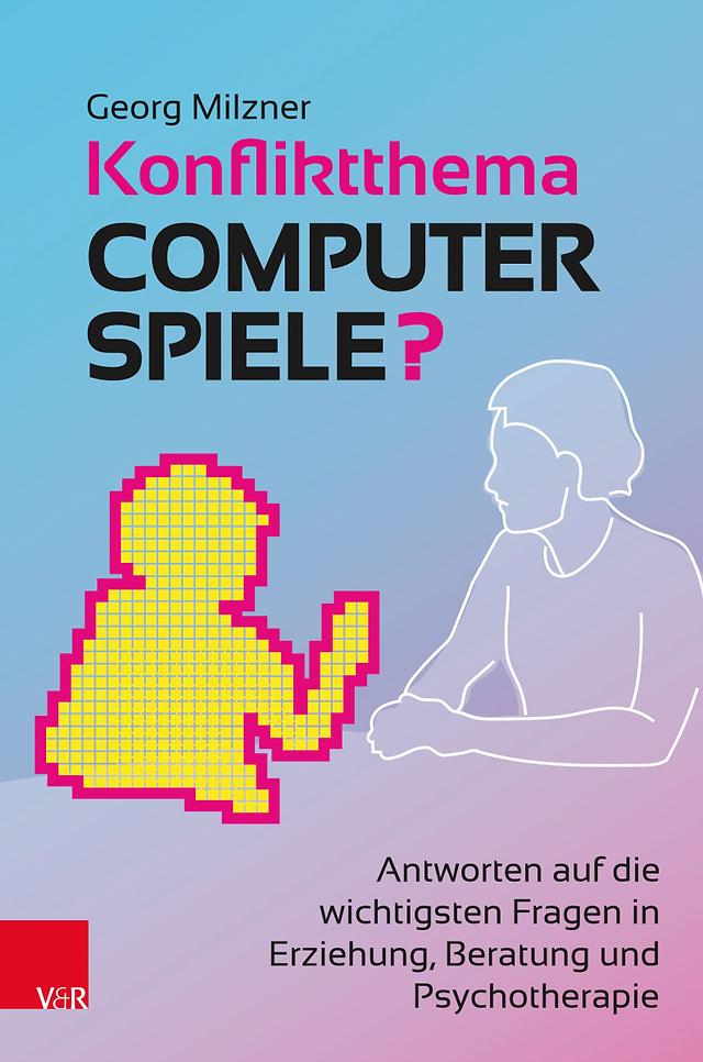 German book cover for “Konfliktthema Computerspiele?” by Georg Milzner, with a soft blue-to-pink gradient background and a clean, modern design. The title appears in large typography near the top: “Konfliktthema” in bright pink, “COMPUTER SPIELE?” in bold black, with the question mark also in pink. On the lower left is a pixel-art yellow seated figure outlined in hot pink, holding up one hand like a simplified game character or avatar. On the right is a thin white line drawing of two overlapping human profiles seated together, suggesting discussion, counseling, or family relationships. The subtitle at the lower right reads “Antworten auf die wichtigsten Fragen in Erziehung, Beratung und Psychotherapie,” and a red V&R publisher logo appears at the bottom left.