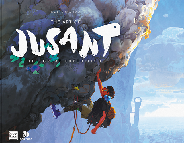 The image is an artistic cover or promotional artwork for "The Art of Jusant: The Great Expedition." It features a stylized, adventurous scene with two characters engaged in a rock climbing activity. The climber in the foreground is equipped with a backpack and climbing gear, reaching up towards a ledge, while the second character appears to be supporting the lead climber from a lower position. The environment around them is fantastical, with cloud-like structures and abstract formations that could represent a magical or alien landscape. The color palette is a blend of cool tones with highlights that suggest a sense of wonder and exploration. Logos of Pix'n Love and Dontnod are visible at the bottom, indicating the publishers or developers associated with "Jusant." The overall impression is one of adventure, discovery, and the beauty of exploration in a potentially fictional setting.
