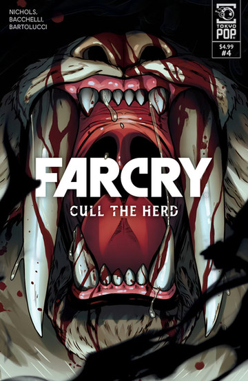 Illustrated comic book cover for Far Cry: Cull the Herd issue #4 by TOKYOPOP, featuring a close-up of a roaring, blood-splattered bear with sharp fangs and dripping saliva. The title is centered inside the bear’s gaping mouth, emphasizing a sense of danger and intensity.