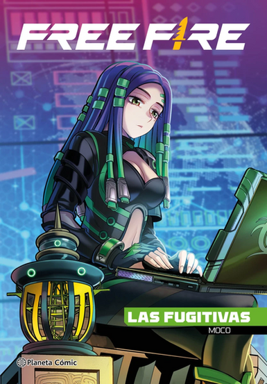 Spanish comic-style cover for “Free Fire: Las Fugitivas — Moco,” with a purple-to-blue digital cyberpunk background full of faint interface panels, circuitry patterns, and glowing data effects. The large white “FREE FIRE” logo appears across the top with a yellow knife-shaped symbol in the lettering. The central character is an anime-style woman with long blue and teal cybernetic-looking hair strands, green eyes, and a calm serious expression, wearing a black and green futuristic outfit with armored sleeves and glowing accents. She sits at a laptop on the right, hands poised over the keyboard, suggesting hacking or decoding. In the lower left foreground is a small futuristic tower or device with green glowing rings and yellow-lit panels. A bright green title bar near the lower right reads “LAS FUGITIVAS,” with smaller text below reading “MOCO.” The Planeta Cómic logo appears at the bottom left.