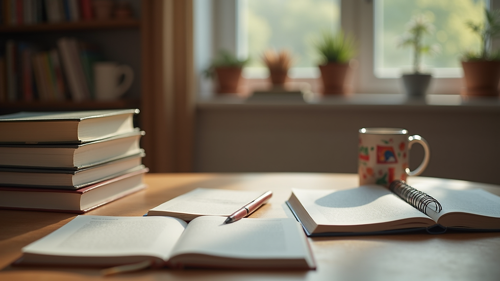 Eye-level view of a cozy homeschooling setup with books and learning materials