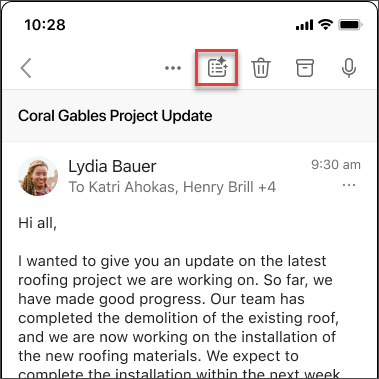 Smartphone email screen showing Coral Gables Project Update from Lydia Bauer, with a red box highlighting a toolbar icon.