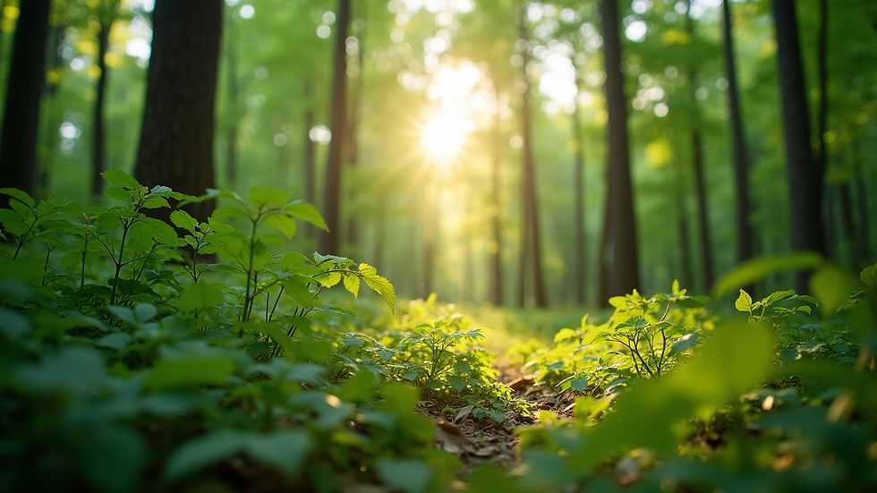 Eye-level view of a lush green forest with sunlight filtering through the leaves