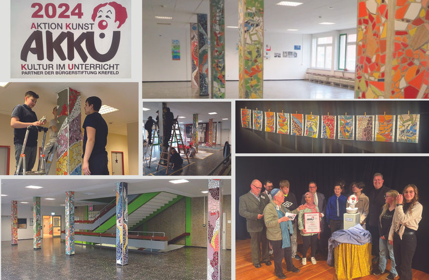 Das kunstpädagogische Projekt im Rahmen des Landesprogramms NRW "Kultur und Schule" an der Erich Kästner Schule in Krefeld verwandelt das Schulfoyer in eine 'Kunstausstellung' und gewinnt den Preis „Aktion Kunst Kultur im Unterricht (AKKU)" 2024.