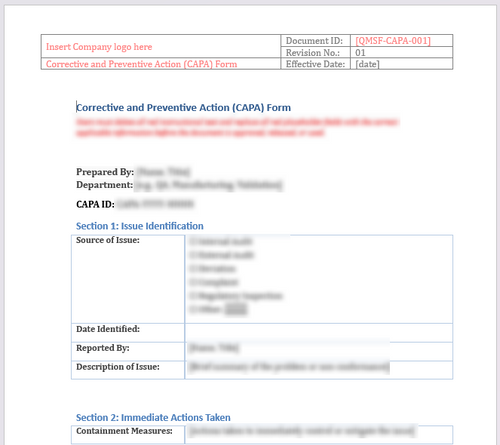 Capa Format Editable CAPA Form Template — Corrective & Preventive Action (QMS Ready)