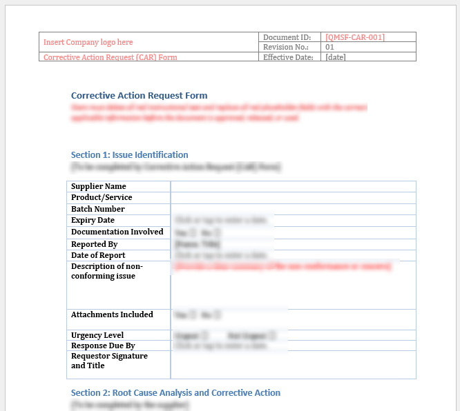 CAR Form Template – Corrective Action Request (Supplier & Internal Use)