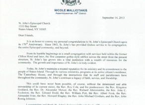 A letter from Assemblymember Nicole Malliotakis for St. John's 170th Anniversary