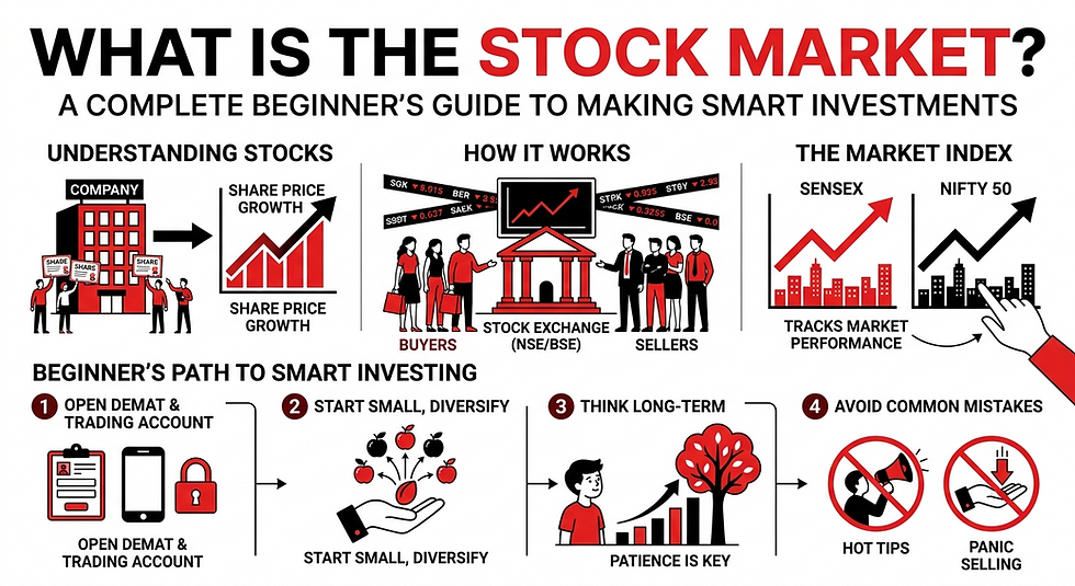 An educational infographic on a white background with red and black illustrations, titled "What Is the Stock Market? A Complete Beginner’s Guide to Making Smart Investments," breaking down understanding stocks, how exchanges work with buyers and sellers, market indexes like Sensex and Nifty 50, and a four-step beginner's path to smart investing.