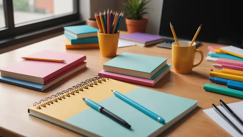 Eye-level view of a cozy homework space with colorful stationery