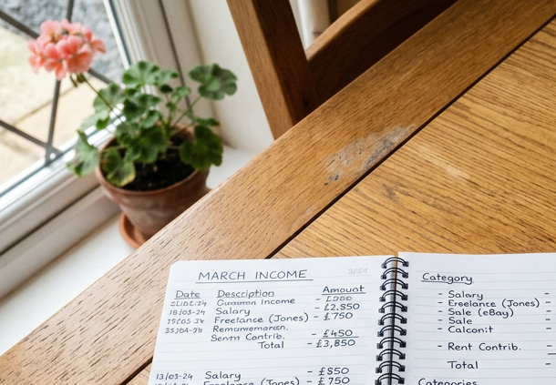 Overhead view of handwritten income notes and a calculator on a dining table