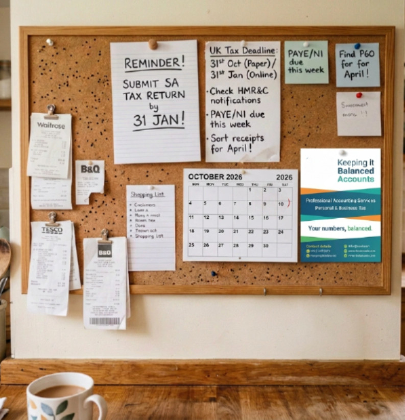 Wide-angle view of a kitchen pinboard with tax reminders and receipts clipped to it