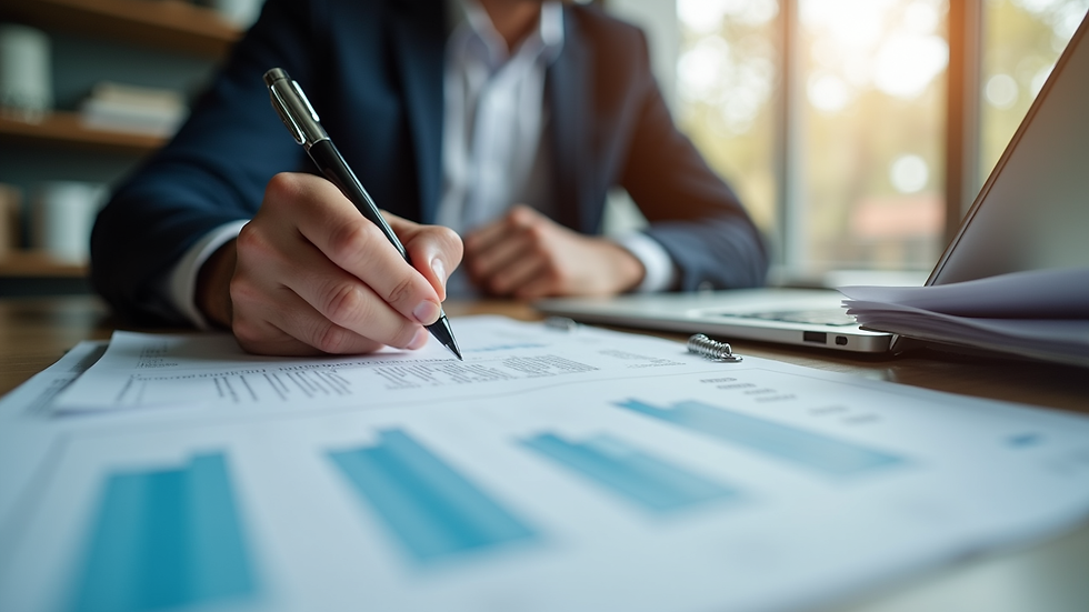 Eye-level view of a small business owner reviewing financial documents at a desk