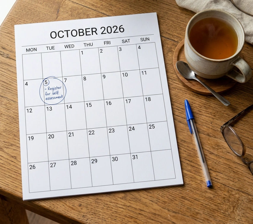 Close-up view of a paper calendar marked with 5 October on a kitchen table