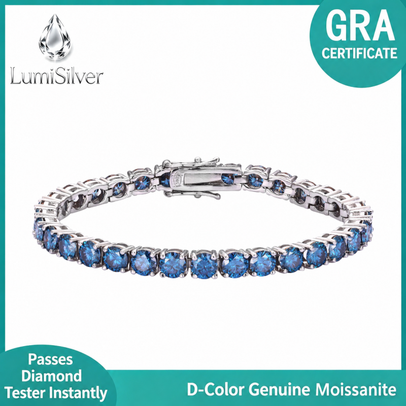 Sapphire Blue Moissanite Tennis Bracelet 925 Sterling Silver Women Luxury Fine J
