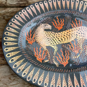 slab built earthenware leopard pattern platter by Kate Sampson