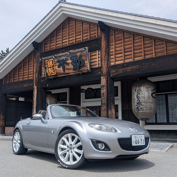 Silver convertible roadster parked outside a modern wooden lodge