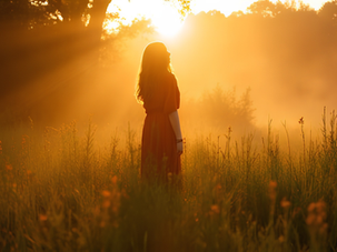 Woman in a red dress stands in a sunlit field at sunrise, surrounded by tall grass and trees. Warm, golden hues create a serene mood.