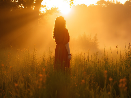 Woman in a red dress stands in a sunlit field at sunrise, surrounded by tall grass and trees. Warm, golden hues create a serene mood.