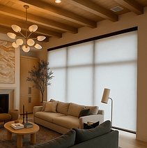 sitting area with large window covered by interior shade